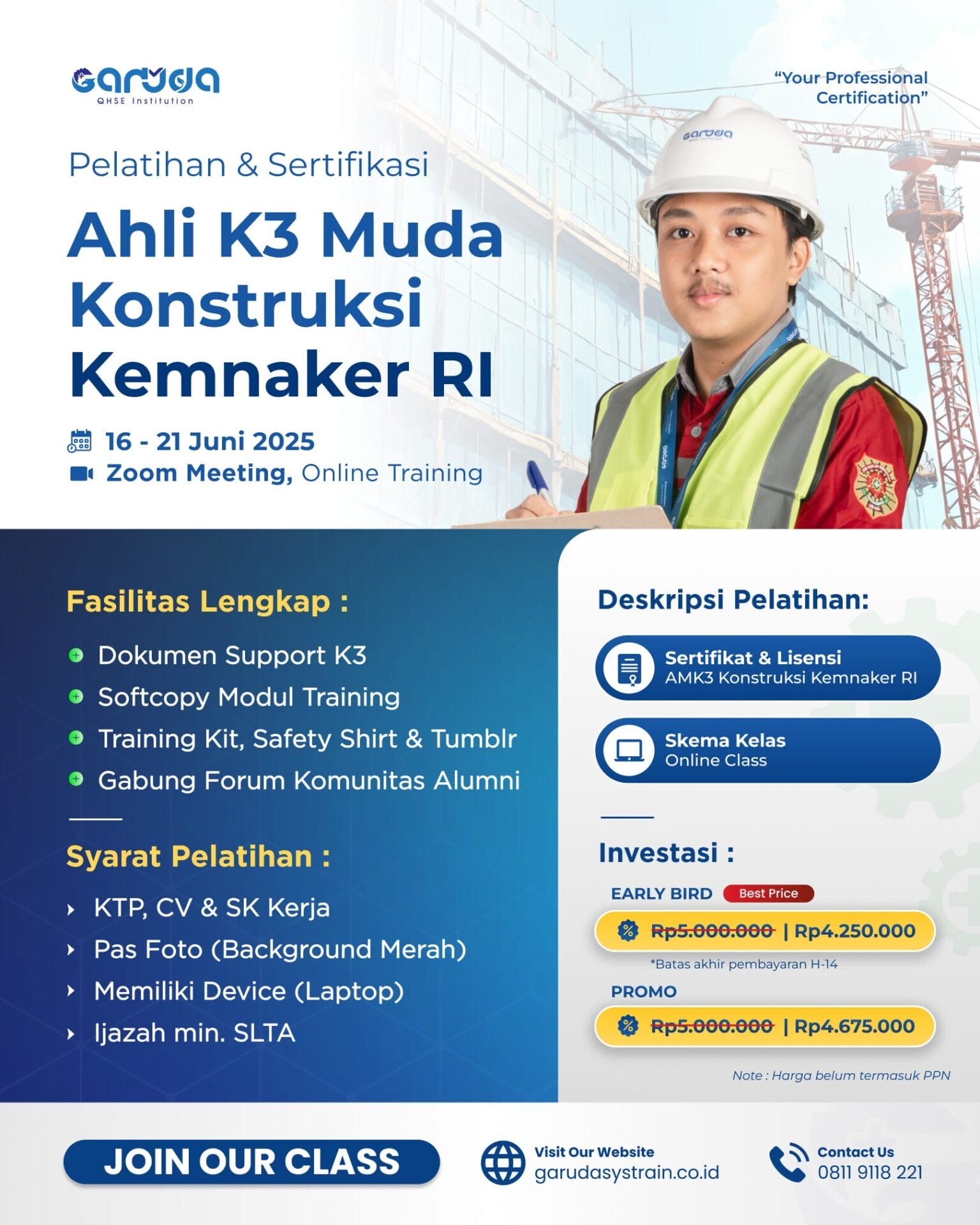 Pelatihan Ahli K3 Konstruksi Muda KEMNAKER RI 16 - 21 Juni 2025