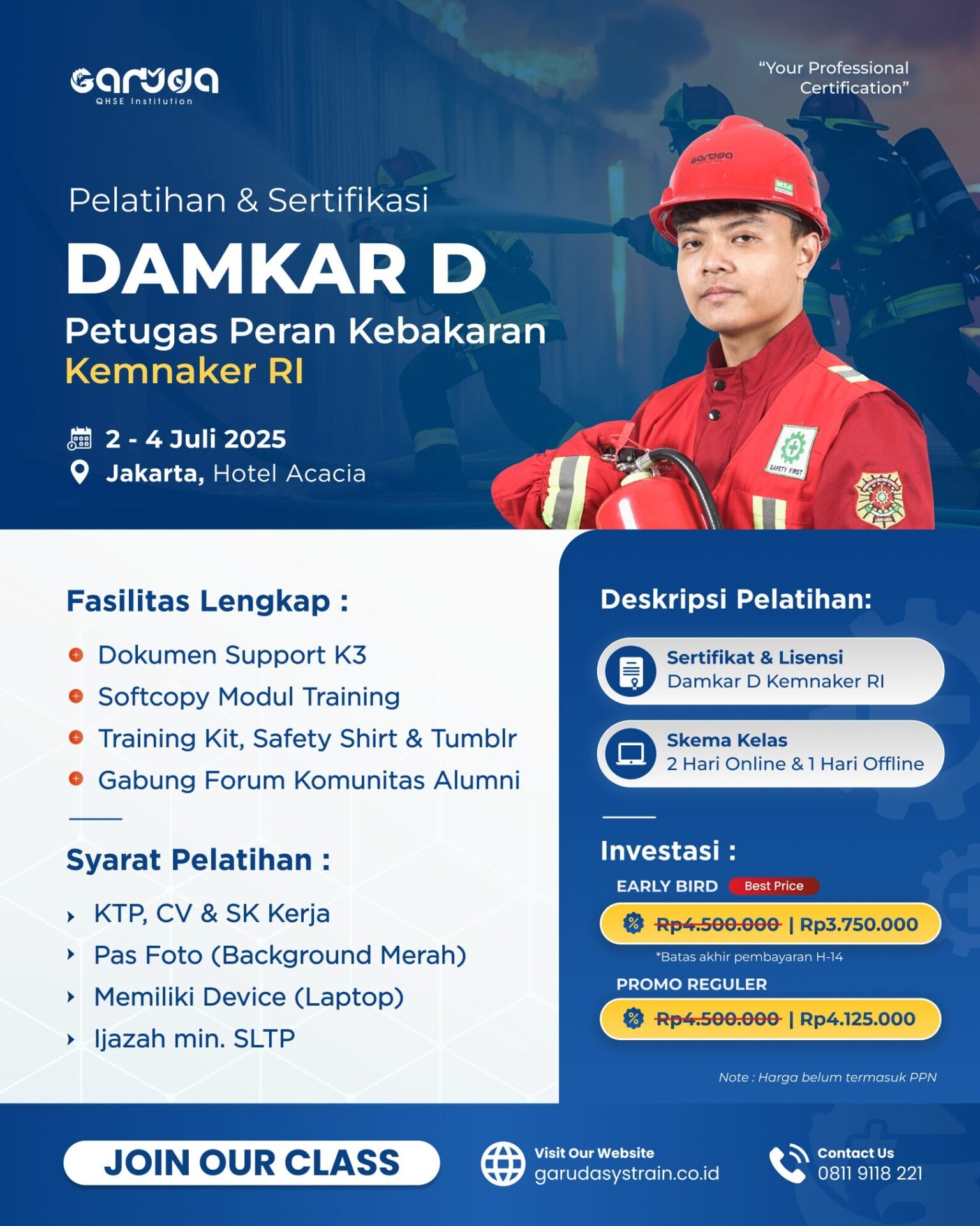 Pelatihan Ahli K3 Kebakaran Kelas D KEMNAKER RI 2 - 4 Juli 2025